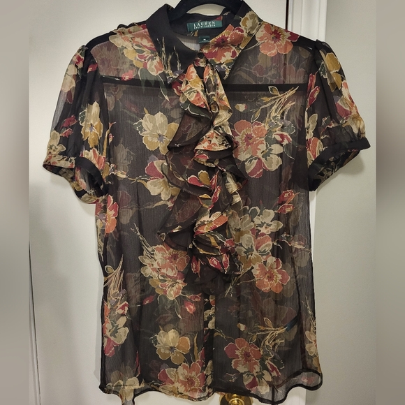 Ralph Lauren Sheer Ruffle Blouse Brown Floral Size Medium - Picture 2 of 9